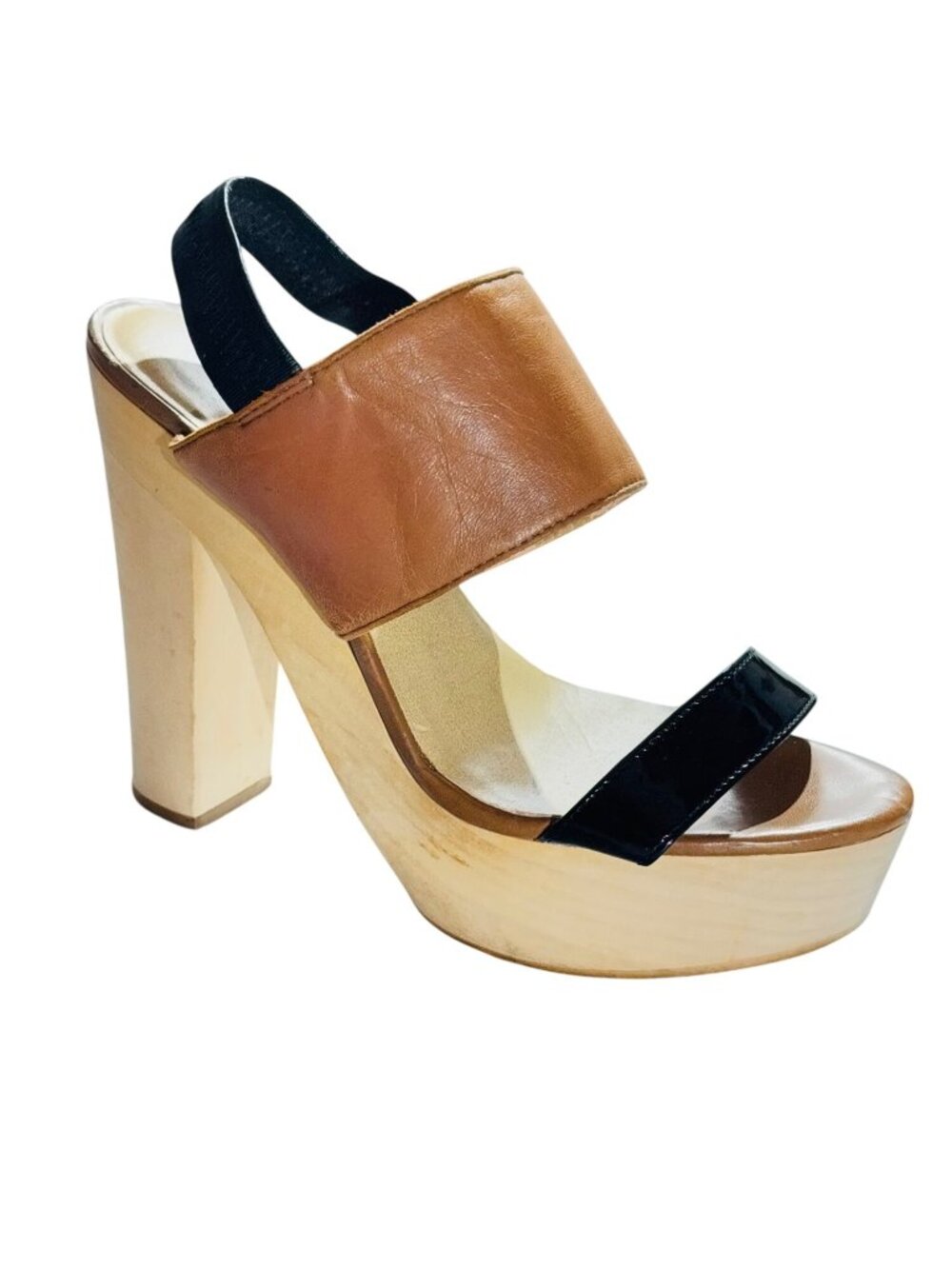 LEVITY Leather & Patent Platform Sandals With Elastic Strap & Wooden Block Heels
